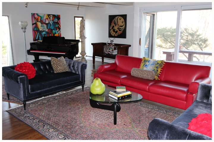 living room design red leather